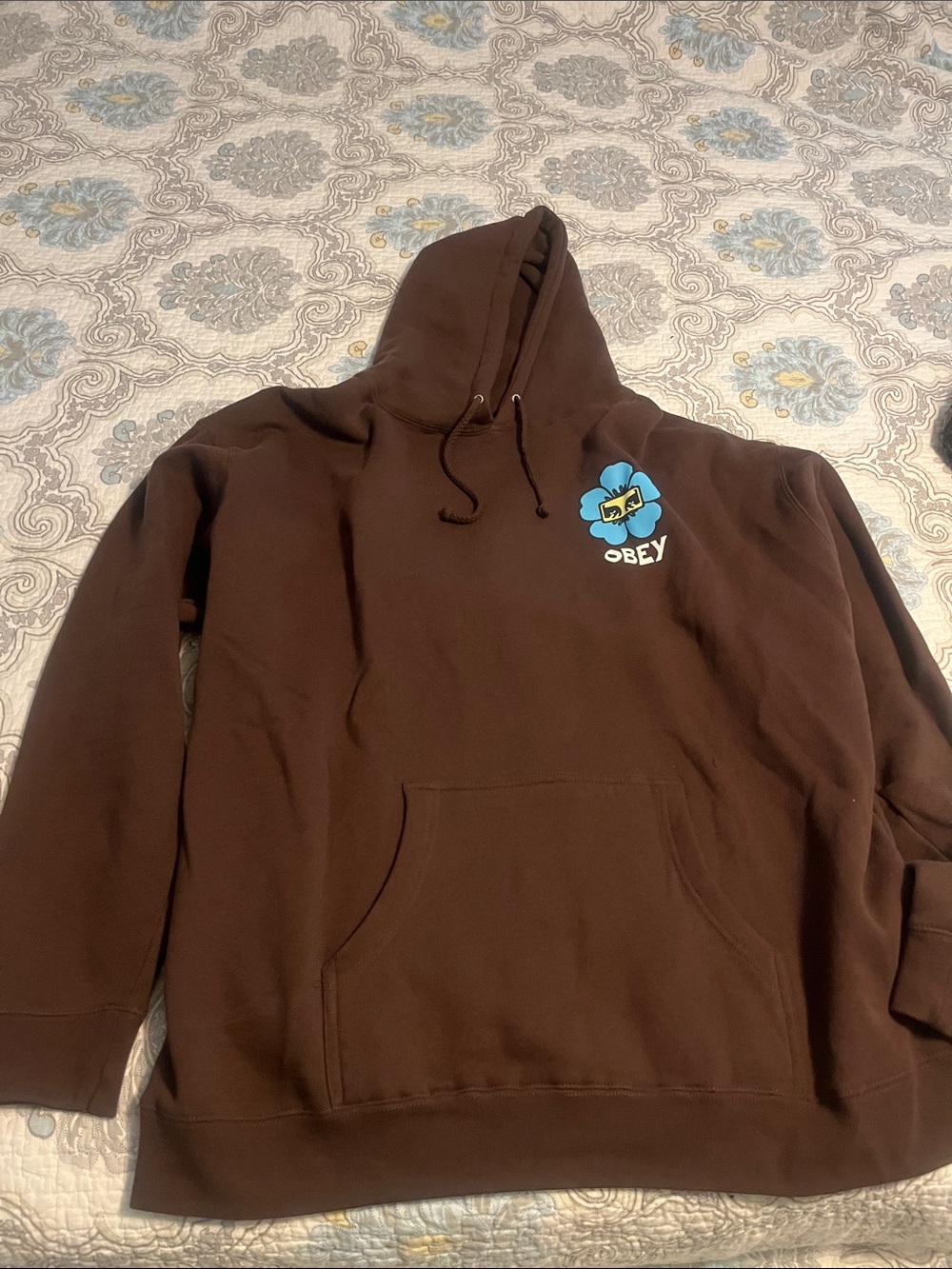 Obey Men's Brown Crewneck Hoodie with Blue Floral Logo